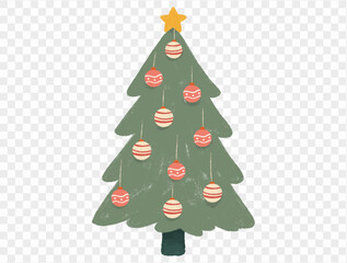 Hand drawn Christmas tree with chalk style decorations and childlike lines on  transparent background, perfect for festive designs. vector