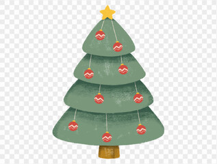 Hand drawn Christmas tree with chalk style decorations and childlike lines on  transparent background, perfect for festive designs. vector