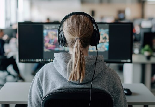 Young person with headphones working on computer in modern office