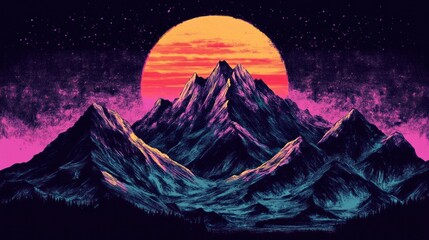 Fototapeta premium Mountains Silhouette Underneath A Vibrant Sunset Sky
