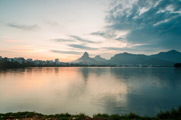 Sunset view at Rodrigo de Freitas Lagoon in Rio de Janeiro.