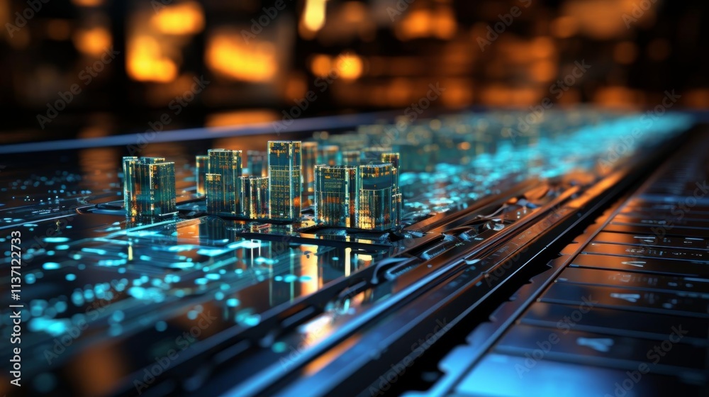 Poster a computer chip with a city on it