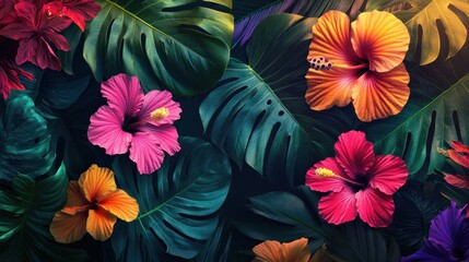 Fototapeta premium Vibrant Tropical Hibiscus Flowers and Lush Green Leaves