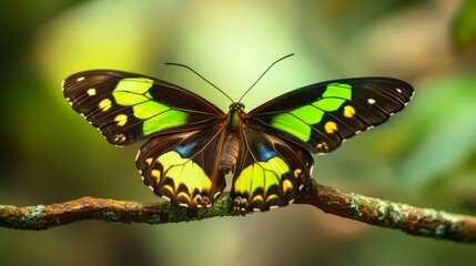 Obraz premium A green and black butterfly with vibrant wing patterns resting on a branch. This striking image captures the delicate beauty of the butterfly and the calmness of the natural environment.. AI