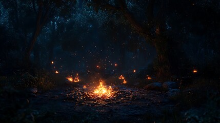 Fototapeta premium Campfire Burning Brightly in a Dark Forest at Night