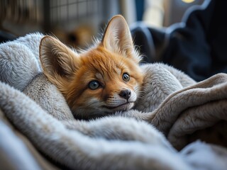 Adorable baby fox with soft reddish fur and bright curious eyes comfortably snuggled in a cozy fluffy blanket, conveying warmth, tranquility, and gentle wildlife charm.
