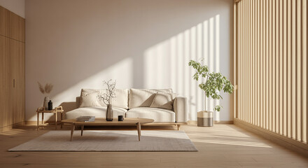 Minimalist Living Room Design Beige Sofa Wooden Accents Sunlight