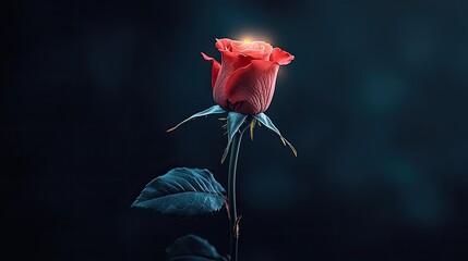 Valentine rose idea. A beautiful red rose illuminated against a dark background, symbolizing love and elegance.