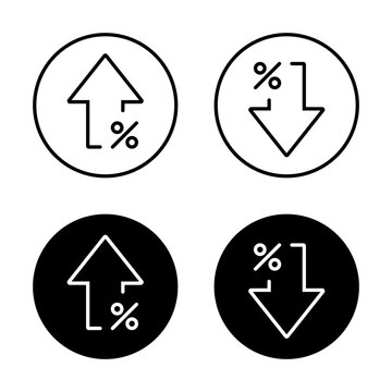 Percent growth decline arrow icon on black circle. Increase and decrease percentage sign symbol