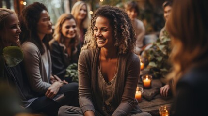 Fototapeta premium A group of women are sitting around a table with candles and smiling