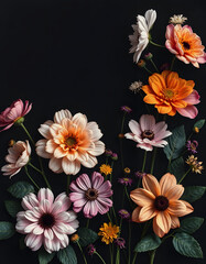 Beautiful bouquet of different flowers on black background. Floral card design with dark vintage effect, enhance, with white tones