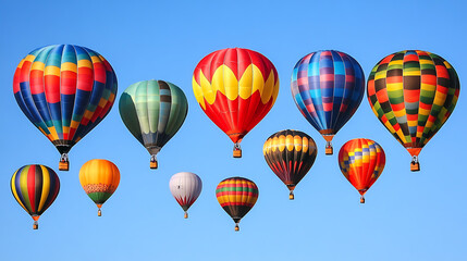 Naklejka premium A vibrant collection of multicolored balloons floating against a clear blue sky 
