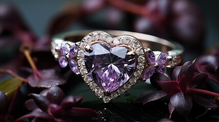 A ring with a heart shape and purple stones