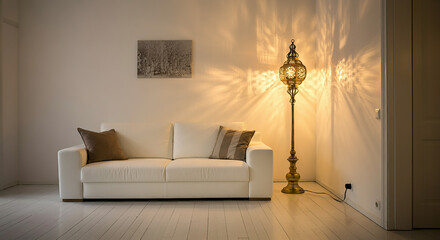 Cozy Living Room with White Sofa Floor Lamp and Wall Art