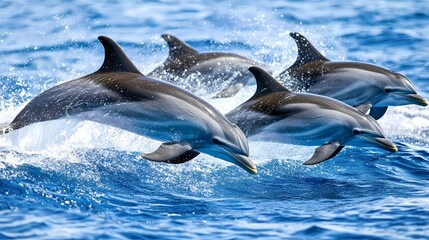 Fototapeta premium Four striped dolphins swimming in the ocean.