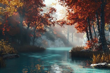 Fototapeta premium Autumnal River Scene: A Mystical Forest Path
