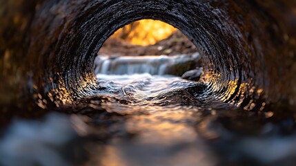 Golden Light Illuminates Creek Flowing Through Tunnel