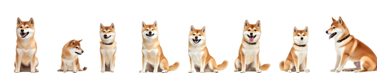 Fototapeta premium Happy Shiba Inu dog collection (portrait, standing, lying, sitting), isolated on a white background