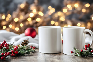mockup two white mugs close up on christmas background