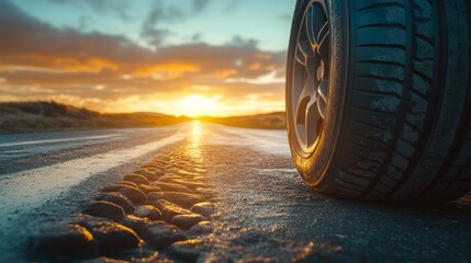 A close-up of a car tire on a rural road during sunset, highlighting the tread pattern and smooth surface of the asphalt. The golden light of the sunset adds a warm glow, creating a peaceful, scenic