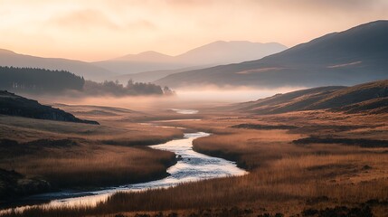 Serene Sunrise Over Misty Valley River Landscape