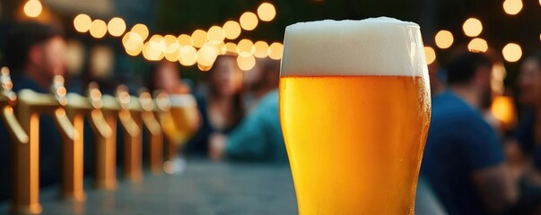 Beer party concept. A refreshing glass of beer with frothy foam, set against a festive bar ambiance.