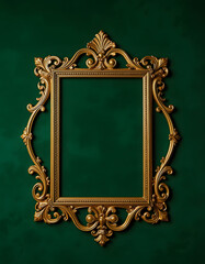 Ornate gold vintage frame with decorative flourishes on a luxurious emerald green background, studio lighting, with white tones