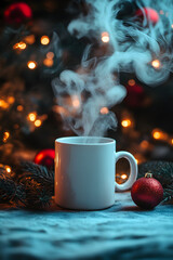 Obraz premium mockup white mug of hot drink close up on christmas background