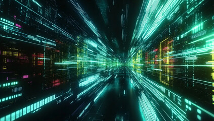 Fototapeta premium Abstract digital background with bright lines and dots, creating an immersive cyberpunk atmosphere.