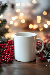 mockup white mug close up on christmas background with bokeh