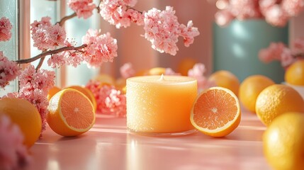 Naklejka premium Yellow candle surrounded by fresh oranges and blossoms