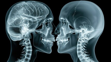 X-ray image of two human skulls facing each other, highlighting brain and skeletal structure.