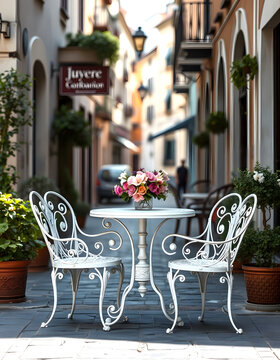 Old white antique wrought iron furniture, shabby chic exterior. Set of round table with flowers and two elegant chairs in the street in the old town. Table on cafe background. Vintage style., 8k unr