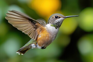 Fototapeta premium Hummingbird in Motion Near Vibrant Flowers