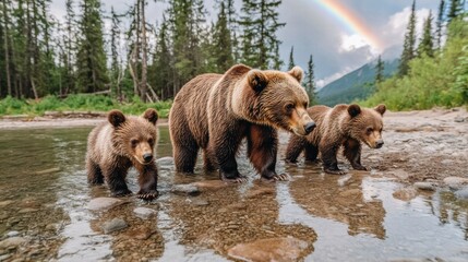 Brown Bear Family Crossing River with Rainbow