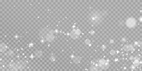 White png dust light. Bokeh light lights effect background. Christmas background of shining dust Christmas glowing light bokeh confetti and spark overlay texture for your design.	