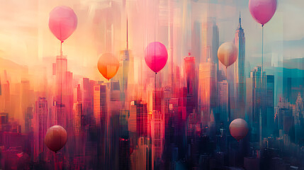 Abstract cityscape with balloons integrated into architectural elements 