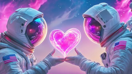 Two astronauts holding hands and forming a glowing heart shape against a vibrant cosmic background, symbolizing love, connection, and a futuristic Valentine's Day.