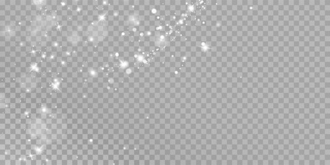White png dust light. Bokeh light lights effect background. Christmas background of shining dust Christmas glowing light bokeh confetti and spark overlay texture for your design.	