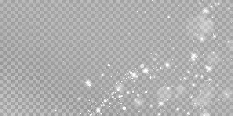 White png dust light. Bokeh light lights effect background. Christmas background of shining dust Christmas glowing light bokeh confetti and spark overlay texture for your design.	