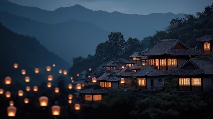 Fototapeta premium Chinese lanterns idea. Serene night view of houses illuminated by lanterns against a mountain backdrop.