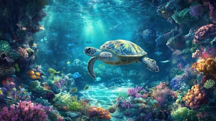 Obraz premium Sea Turtle Gracefully Swims Through Vibrant Coral Reef