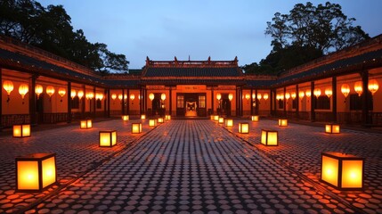 Fototapeta premium Chinese lanterns idea. An enchanting illuminated courtyard showcasing traditional architecture at dusk.