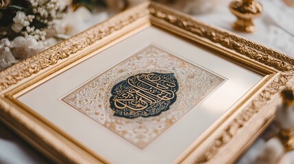 Gold-framed calligraphy art piece on a table.