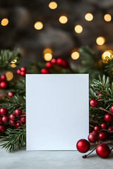 White Paper Mockup for Invitation or Greeting Card on Christmas Background with Festive Decor