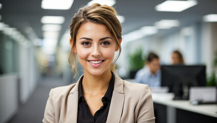 Fototapeta premium young female office worker sitting and smiling looking at camera, with blurred office background