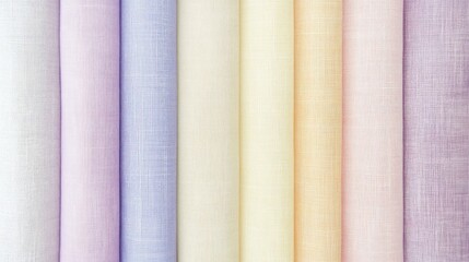 Fototapeta premium Rolled pastel fabric samples display various colors and textures