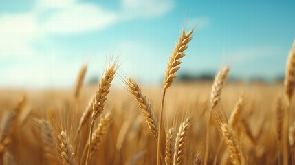 Fototapeta premium Golden wheat field under a clear blue sky