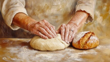 A baker's hands shape dough on a floured surface, with a freshly baked loaf nearby. The image captures the essence of traditional baking, focusing on the texture and warmth of homemade bread.. AI