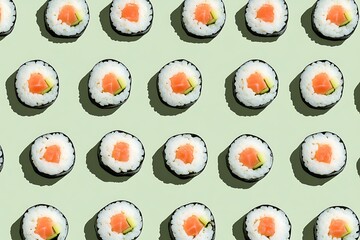 Freshly made maki sushi with salmon and cucumber creates a visually appealing pattern on a light green background, ideal for food photography or menu design